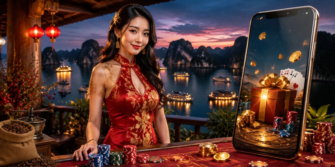 Người dùng xem phân tích bóng đá trực tuyến trên điện thoại tại vịnh Hạ Long với ly cà phê buổi sáng