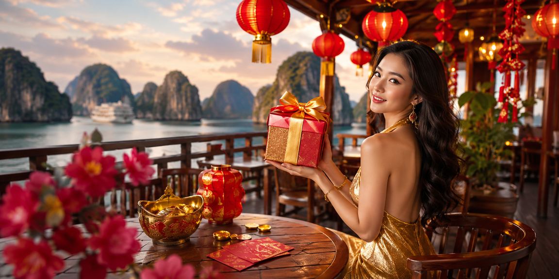 Phong bì đỏ may mắn và thiết bị di động bên bờ vịnh Hạ Long biểu trưng cho ưu đãi nạp tiền dịp Tết