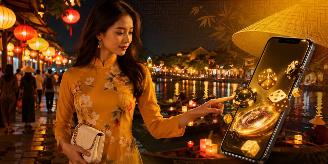 Người chơi tại Hội An thư giãn với thiết bị di động và nón lá truyền thống